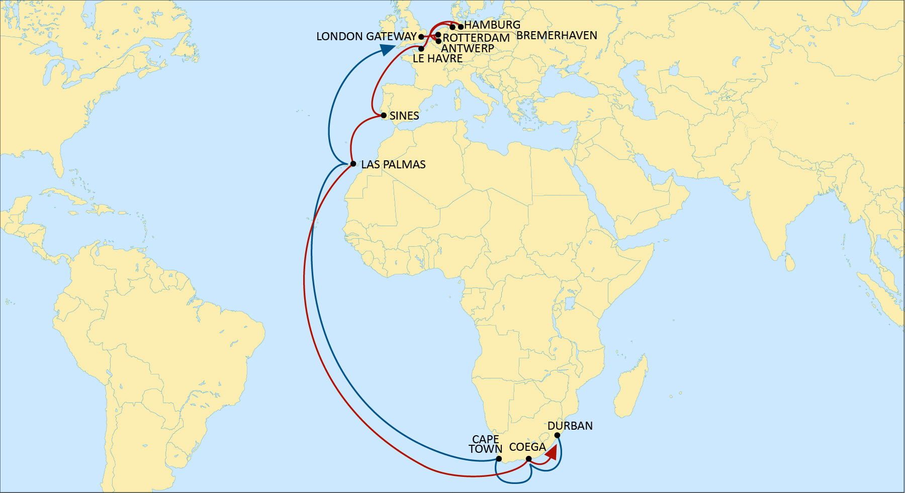 nwc to south africa service rotation map illustration