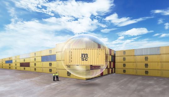 MSC Container in a bubble protected at a terminal